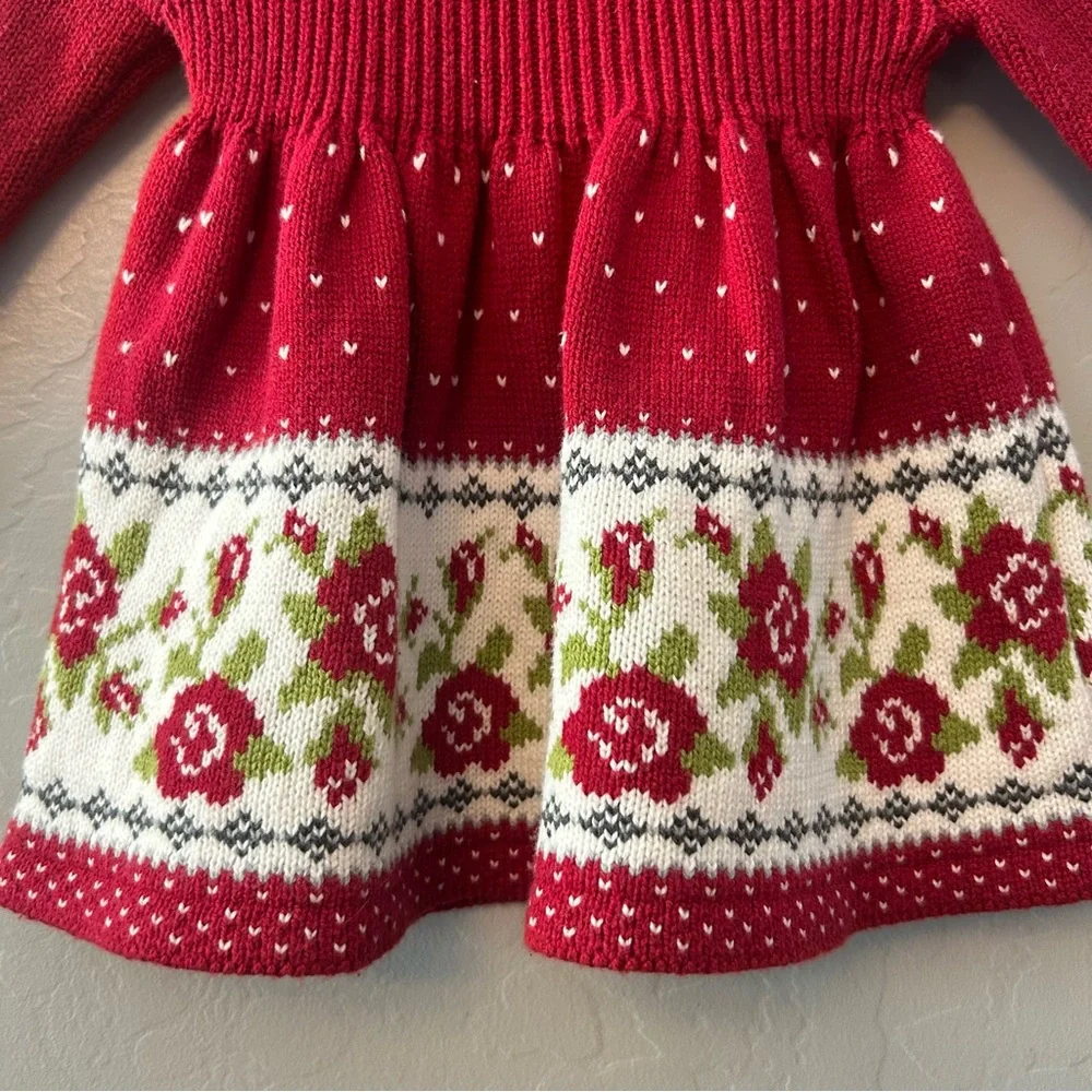 Max Studio baby red floral sweater dress, tight and hat matching set size 0-3 mo